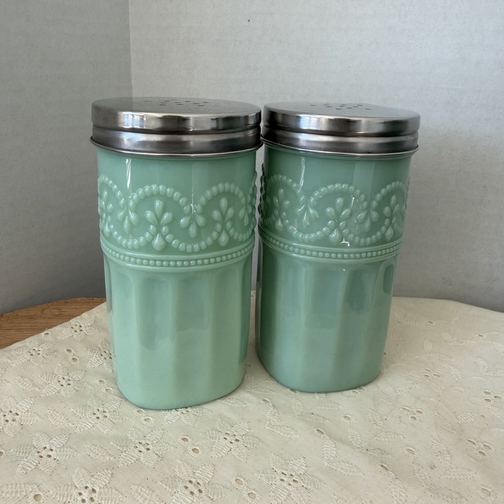 Jadeite Green Embossed Sugar Shaker Hobnail Texture Metal Lid Pioneer Woman